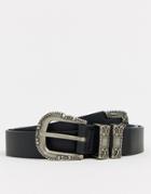 Asos Design Faux Leather Skinny Western Belt In Black With Metal Double Keepers - Black