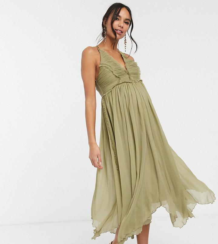 Asos Design Maternity Ruched Bodice Soft Cami Midi Dress With Raw Edge Detail-multi