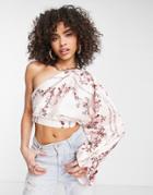 Asos Luxe Satin One Sleeve Cropped Blouse In Placement Floral Print-multi