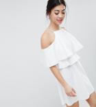 Asos Design Petite High Neck Cold Shoulder Skater Mini Dress - White