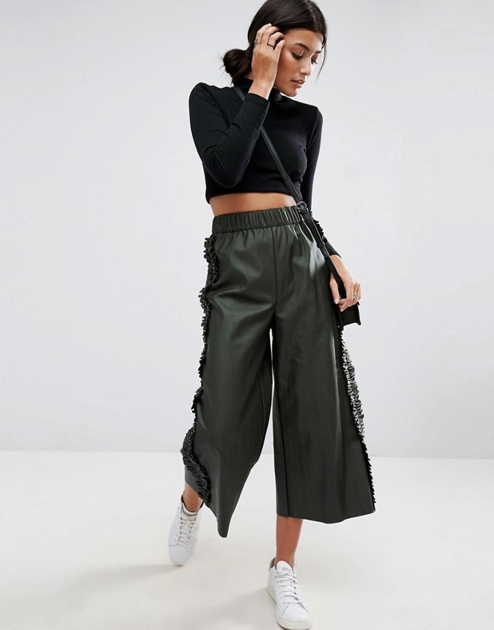 Asos Frill Side Leather Look Culotte Pants - Green