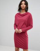 Asos Crepe Column Dress With Drape Shoulder & Batwing Sleeves - Red