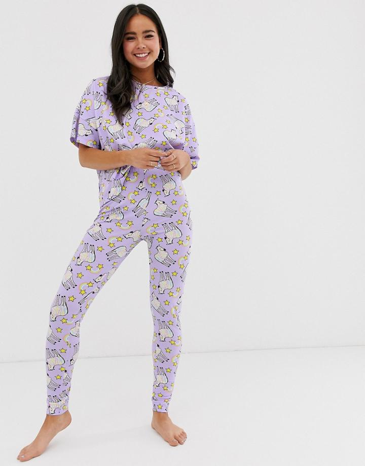 Asos Design Rainbow Zebra Unicorn T-shirt And Legging Pyjama Set - Purple