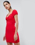 Flounce London Knot Front Bardot Mini Dress With Puff Sleeve - Red