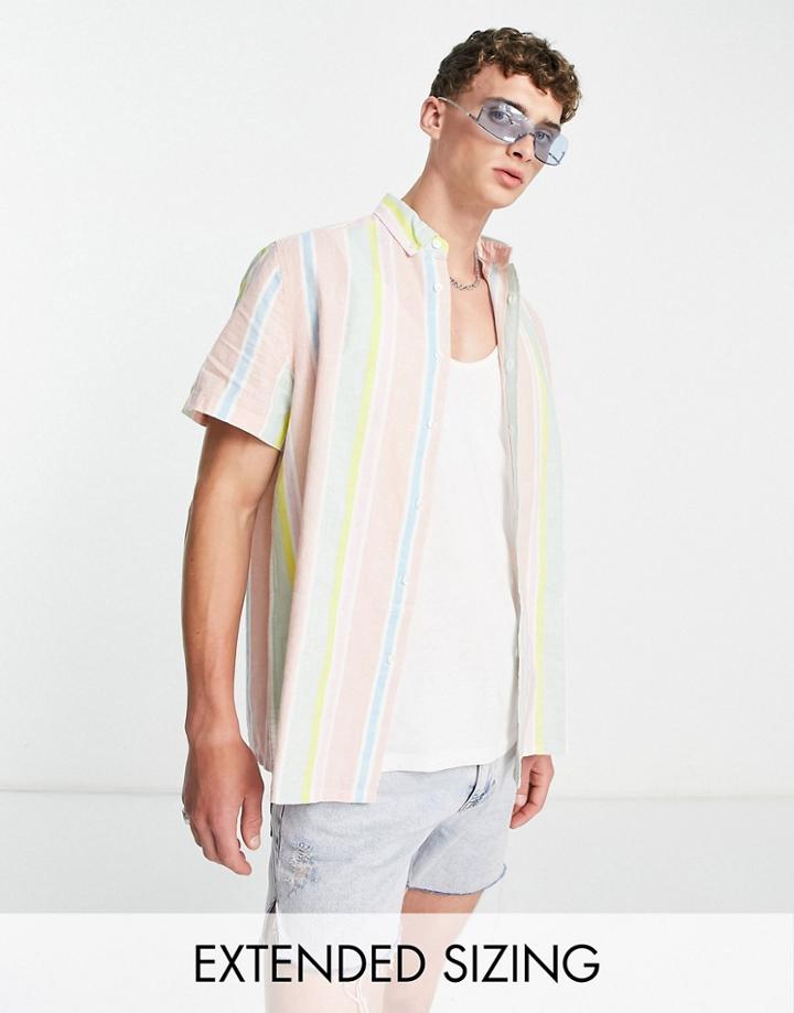 Asos Design Relaxed Linen Shirt In Pastel Stripe-multi