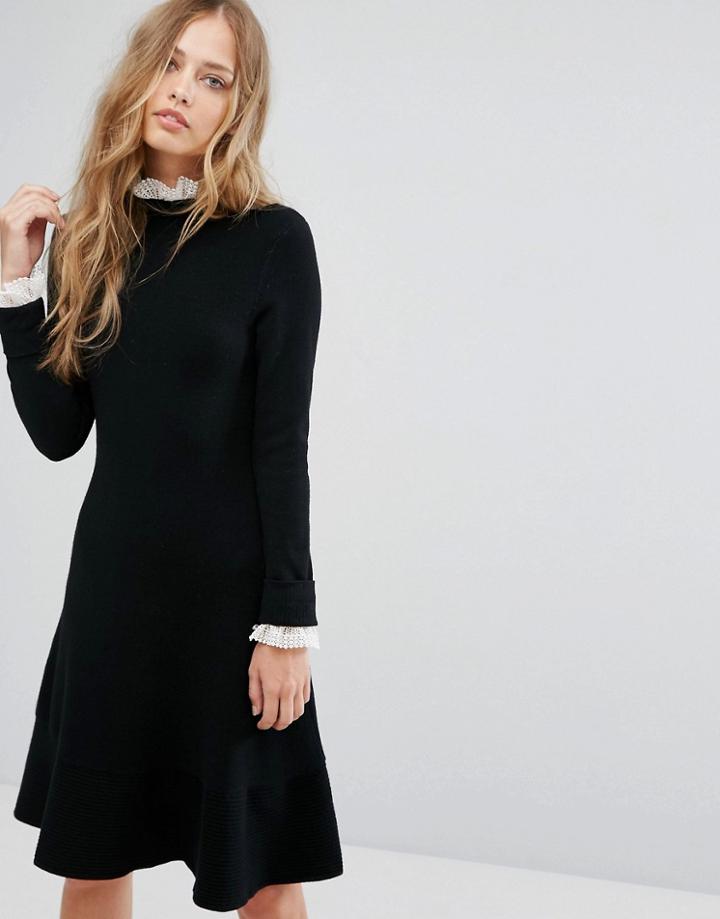 Suncoo Lace Trimmed Black Dress - Black
