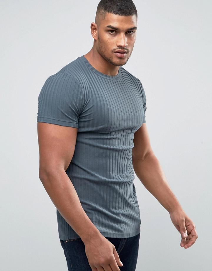 Asos Extreme Muscle Longline T-shirt In Rib - Blue