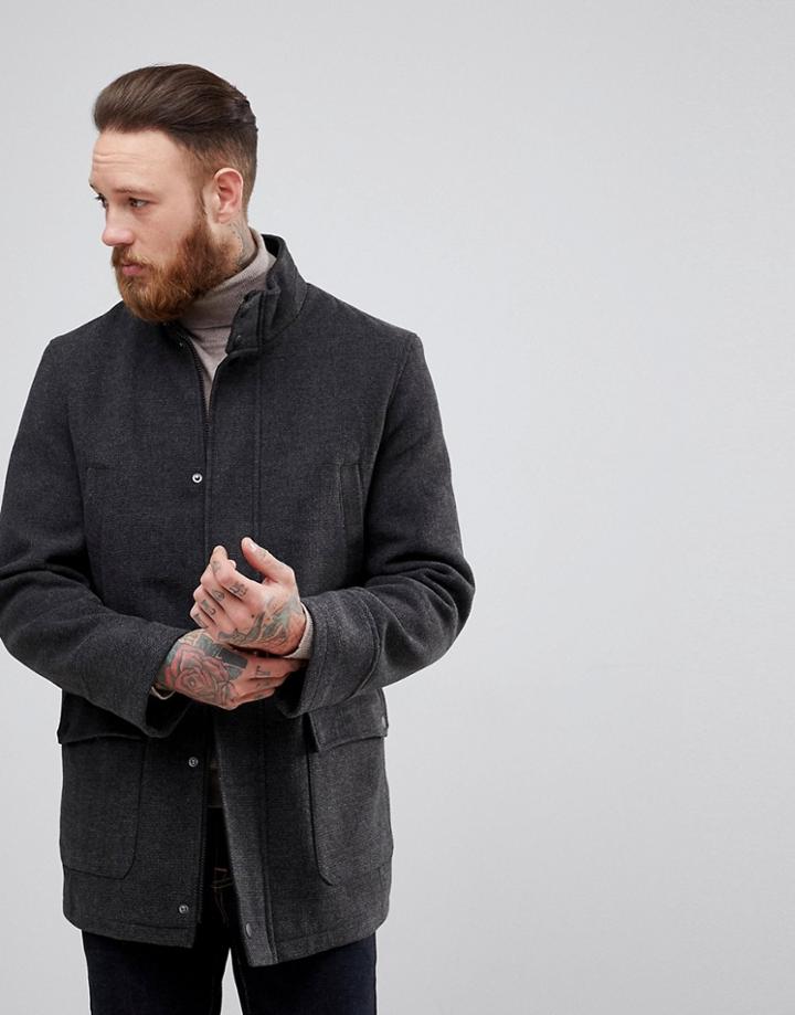 Process Black Funnel Neck Wool Overcoat - Gray