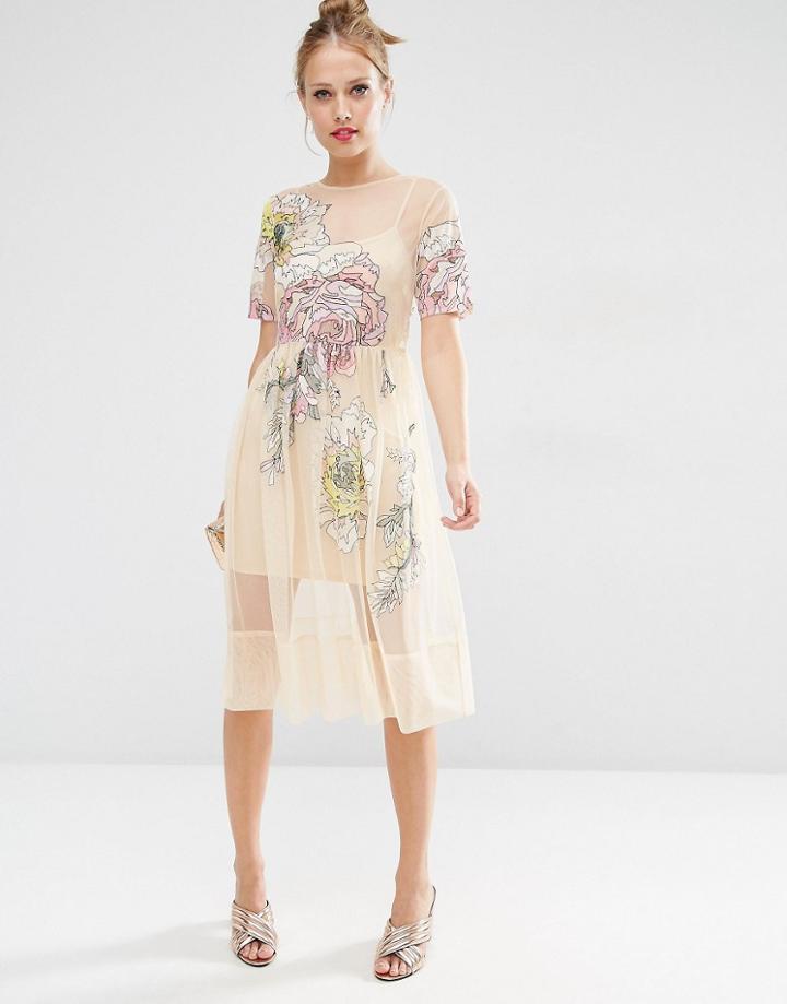 Asos Salon Embroidered Floral Mesh Midi Dress - Multi