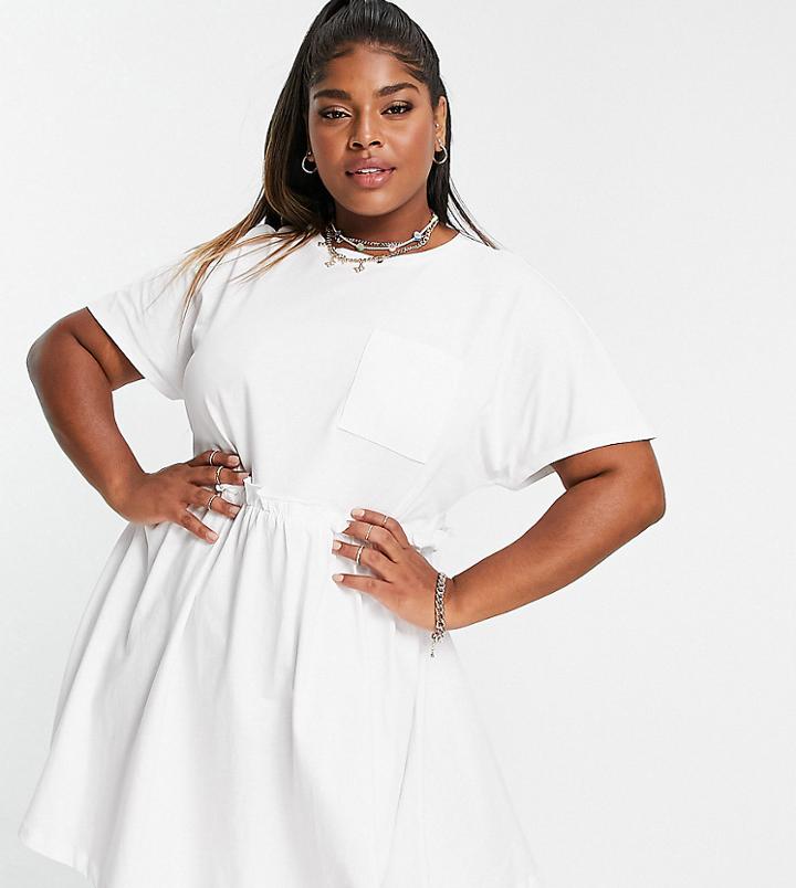 Noisy May Curve Mini Smock T-shirt Dress With Pocket Detail In White