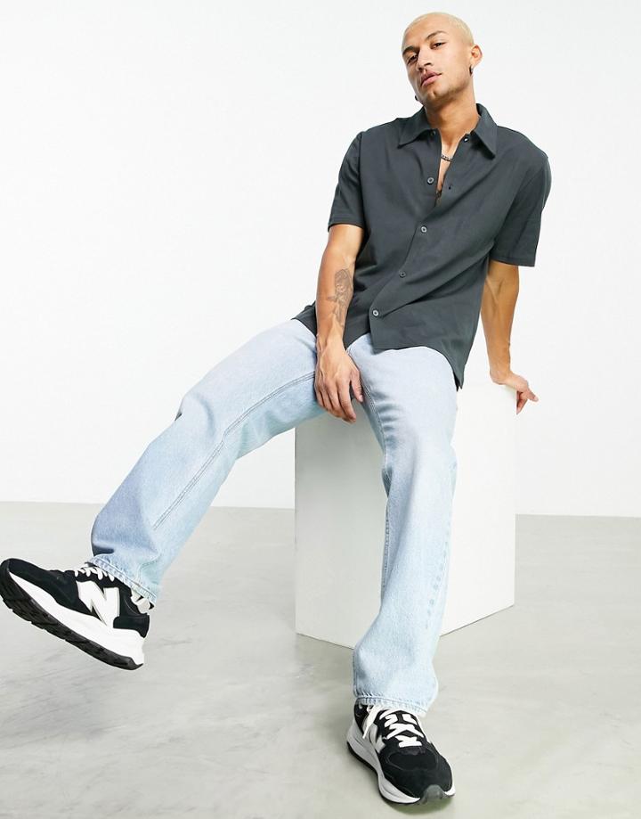 Weekday Pass Short Sleeve Pique Shirt In Off-black