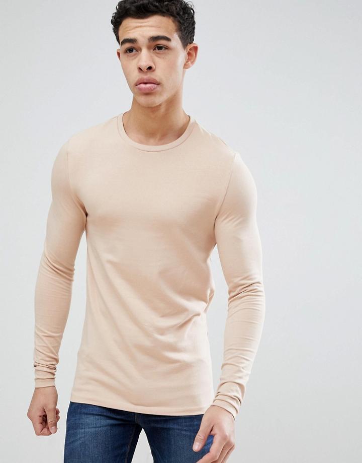 Asos Design Muscle Fit Long Sleeve T-shirt With Crew Neck - Beige