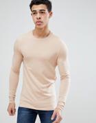Asos Design Muscle Fit Long Sleeve T-shirt With Crew Neck - Beige
