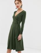 Oasis Wrap Dress With Ring Detail In Khaki - Black