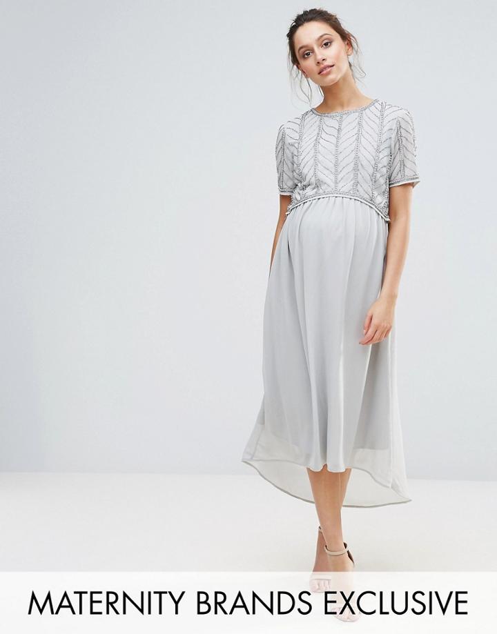 Maya Maternity Hi Lo Midi Dress With Embellished Bodice - Silver