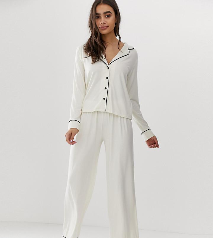Asos Design Traditional Pyjama Pants Set With Piping - White