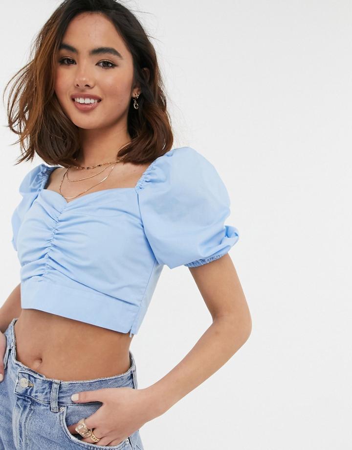 Miss Selfridge Poplin Puff Sleeve Blouse In Blue-blues