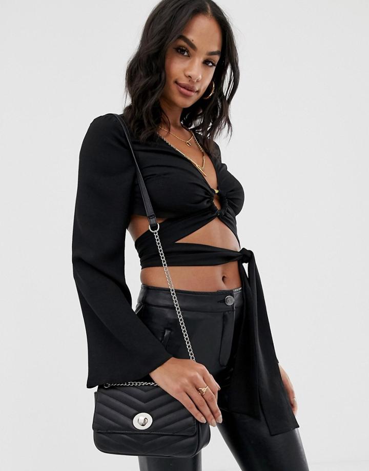 Asos Design Long Sleeve Plunge Top With Ring Detail And Wrap Tie - Black