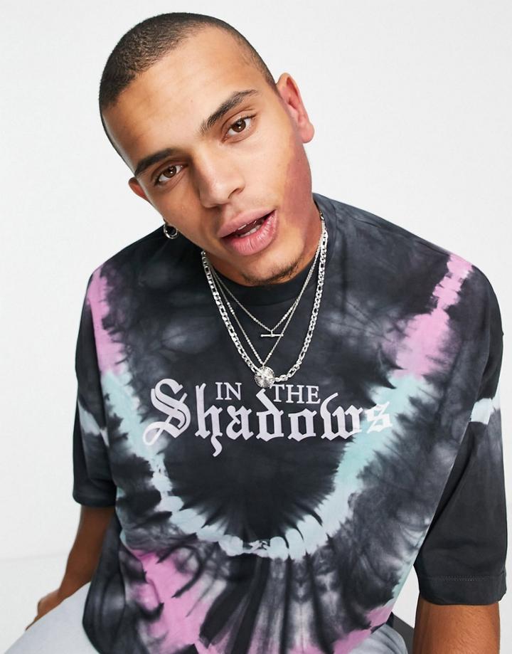 Asos Design Oversized Tie Dye T-shirt With Front Text Print-grey