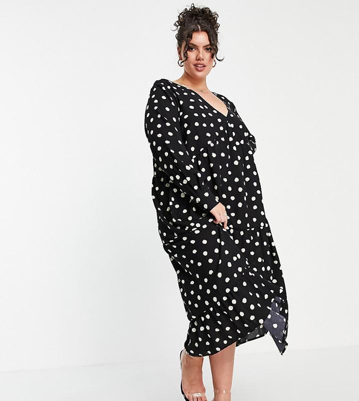 Pretty Lavish Curve Midaxi Tea Dress In Spot Print-black