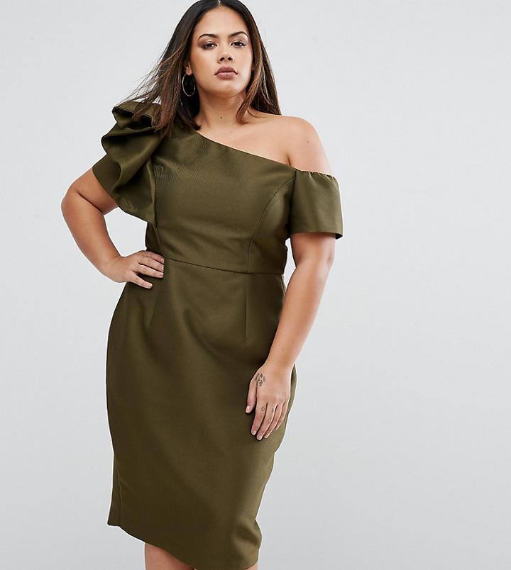 Asos Curve Occasion Structured One Shoulder Dress With Bow Detail - Green
