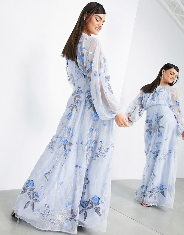 Asos Edition Floral And Leaf Embroidered Mesh Maxi Dress In Pale Blue-blues