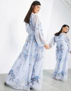 Asos Edition Floral And Leaf Embroidered Mesh Maxi Dress In Pale Blue-blues