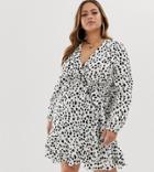 Prettylittlething Plus Wrap Mini Dress In White Polka Dot - White