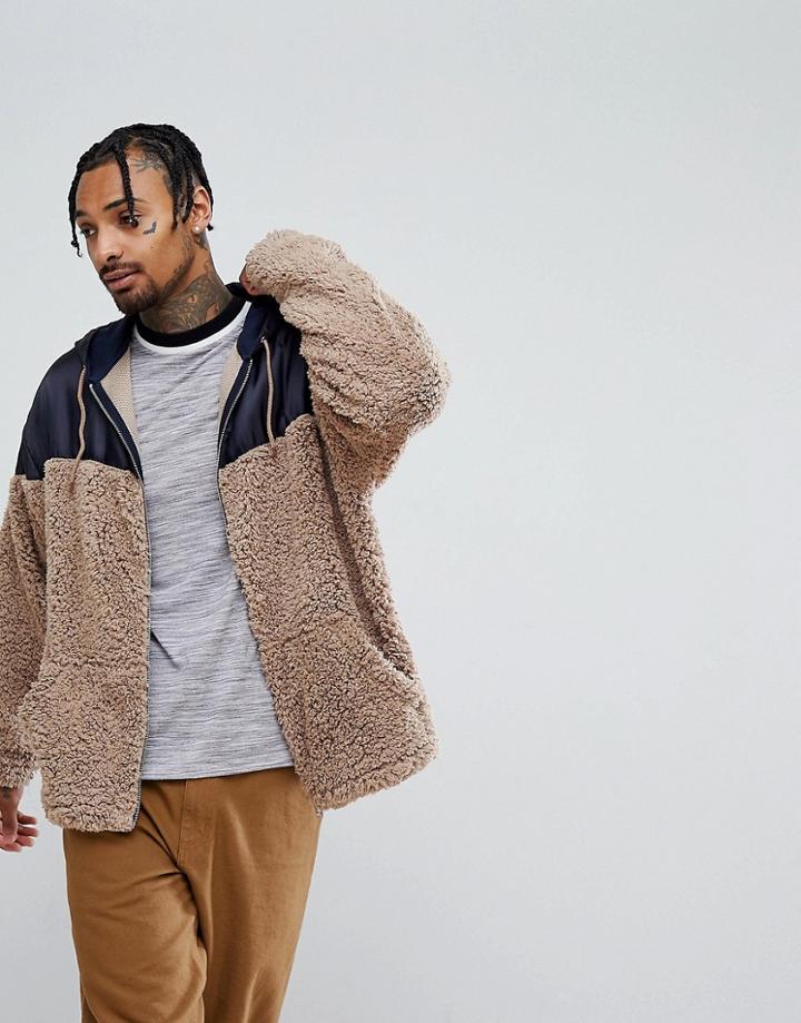 Asos Oversized Zip Up Hoodie With Woven And Borg Panelling - Beige