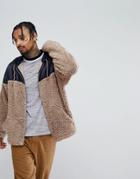 Asos Oversized Zip Up Hoodie With Woven And Borg Panelling - Beige