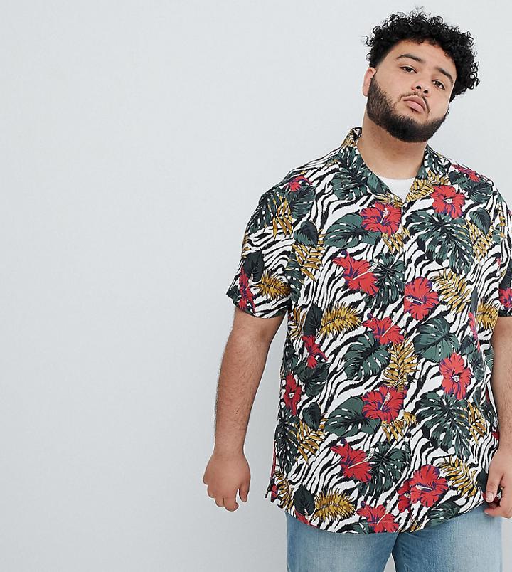 Asos Design Plus Regular Fit Shirt In Floral & Zebra Print - White