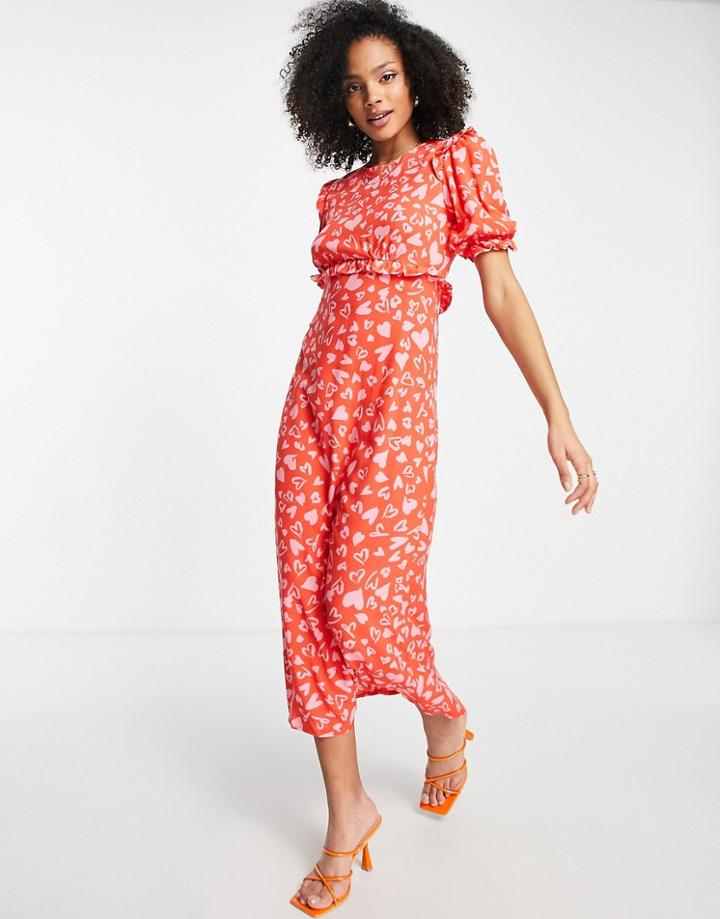 Nobody's Child Frill Maxi Tea Dress In Red Heart Print-pink