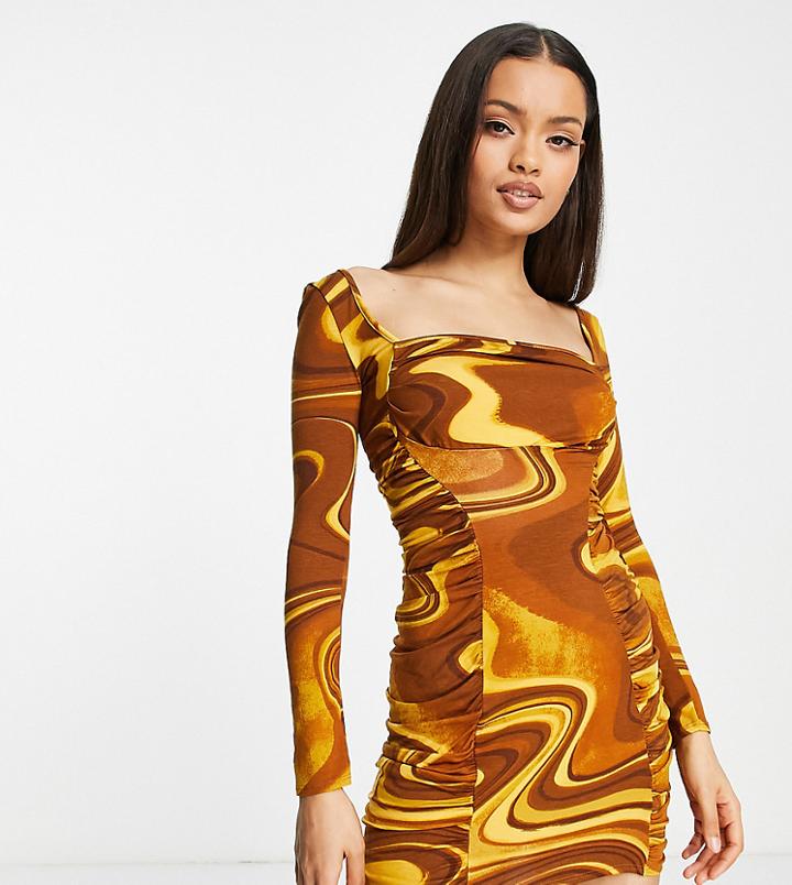 Asos Design Petite Long Sleeve Cowl Neck Halter Ruched Mini Dress In Gold Swirl Print-multi