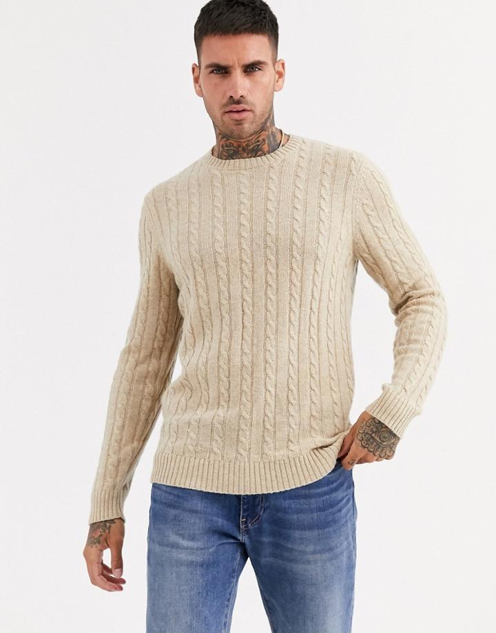 Asos Design Lambswool Cable Knit Sweater In Charcoal-gray