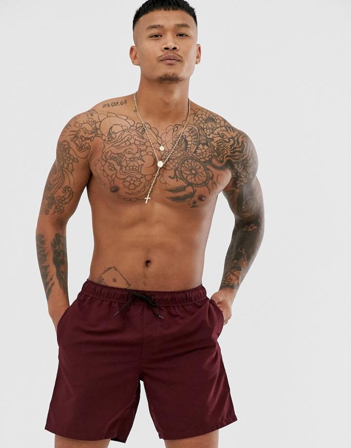 Asos Design Swim Shorts In Burgundy Mid Length-red