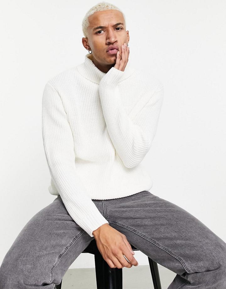 Pull & Bear Ribbed Roll Neck Sweater In White