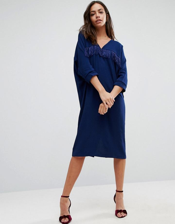 Liquorish Oversized Dress With Fringed Trim - Blue