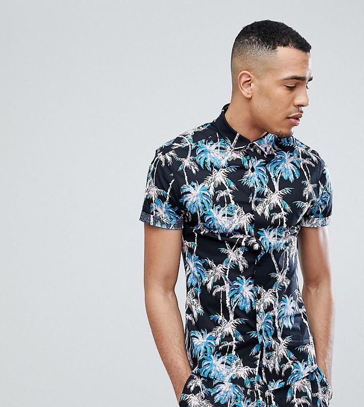 Asos Design Tall Skinny Fit Shirt With Palm Print - Black