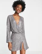 Asos Design Embellished Drape Detail Mini Dress With Button Detail In Silver