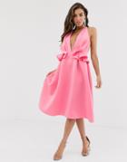 Asos Design Halter Ruffle Waist Midi Skater Dress-pink