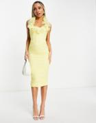 Asos Design Body-conscious Ruffle Mesh Ruched Midi Dress In Lemon Yellow-multi