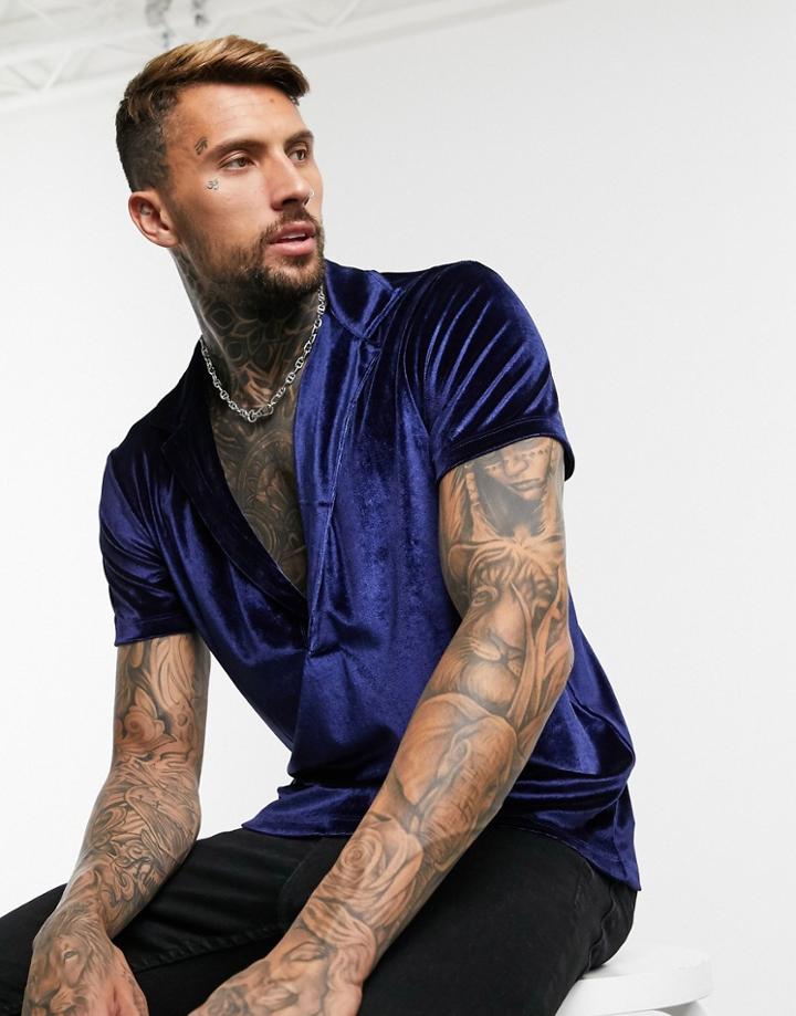 Asos Design Deep Revere Polo Shirt In Velour In Navy