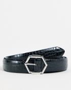 Asos Design Slim Faux Leather Belt In Black With Hexagon Buckle Detail