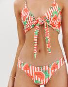 Prettylittlething Tie Front Bikini Bottom In Watermelon Print - Multi