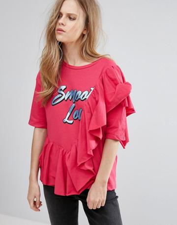 Pull & Bear Frill Front 'smooth Love' Tee - Pink