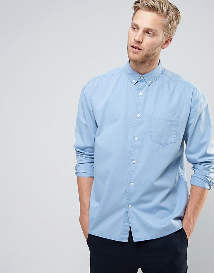 Asos Oversized Overdye Bleach Twill Shirt In Blue - Blue
