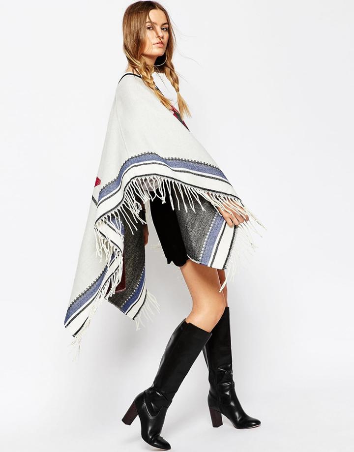 Asos Geo-tribal Woven Poncho With Geo-tribal Design - Stone