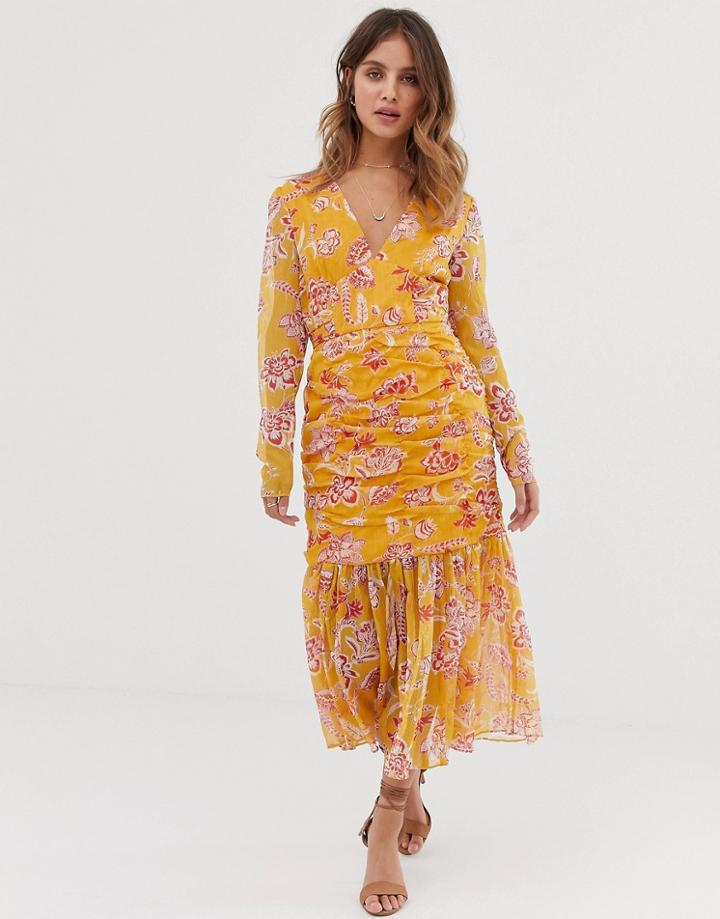 Stevie May Flourishing Midi Dress With Ruched Detail And Pleated Hem - Orange