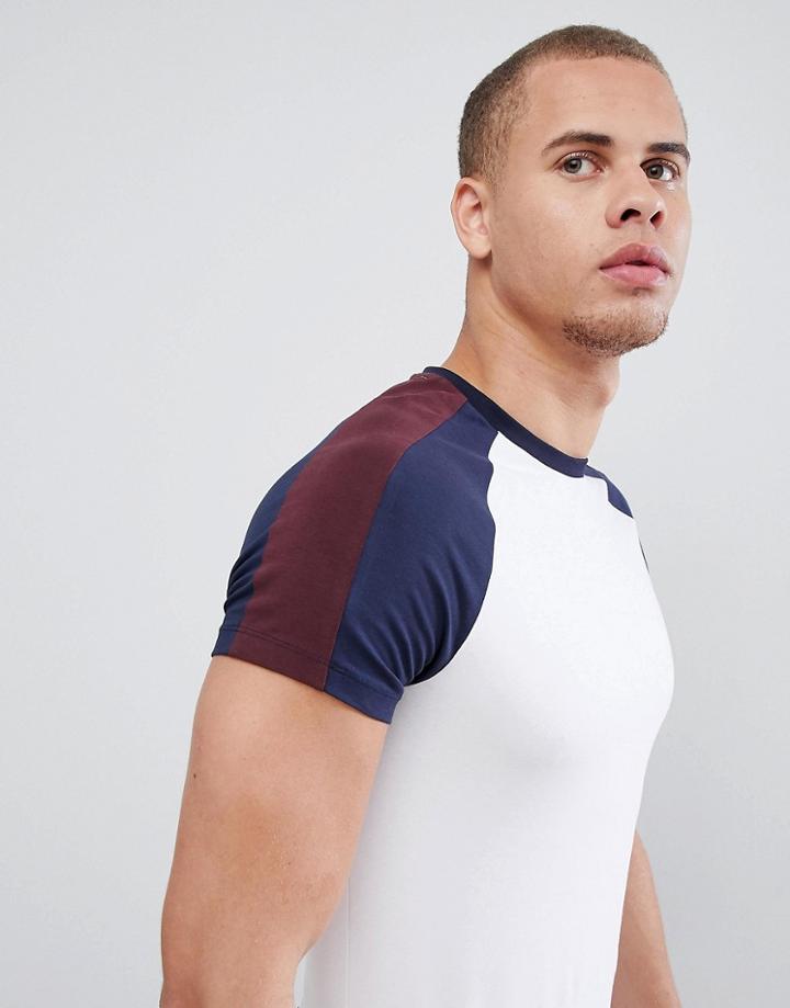 Asos Design Longline Muscle Fit T-shirt With Double Contrast Raglan - White