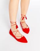 London Rebel Ghillie Lace Point Flat Shoes - Bright Red Mf